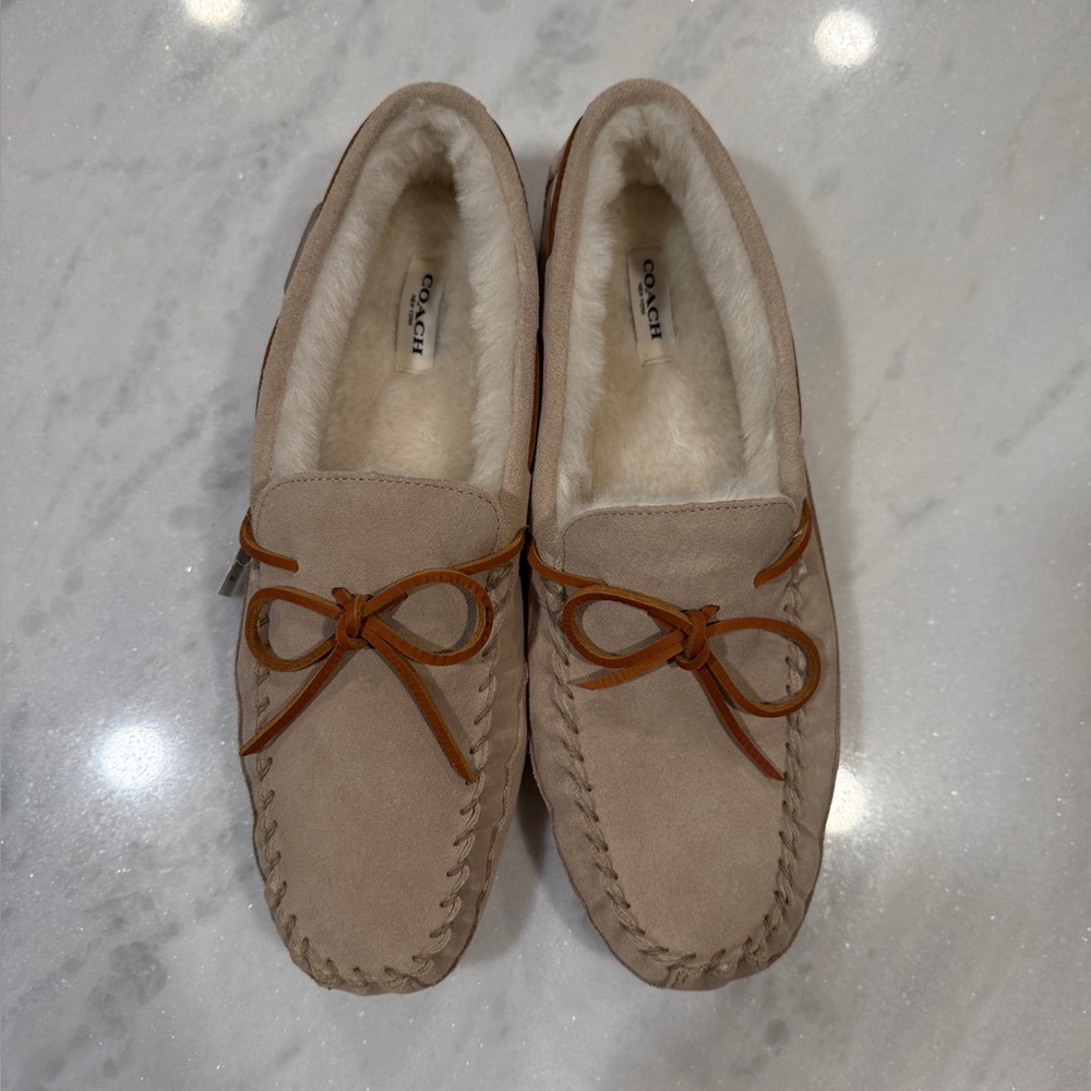 Coach Taupe Suede Moccasins with Leather Bow